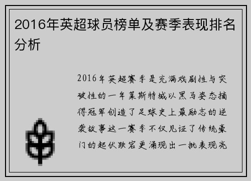 2016年英超球员榜单及赛季表现排名分析
