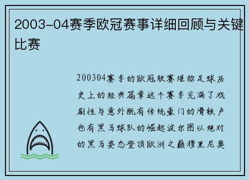 2003-04赛季欧冠赛事详细回顾与关键比赛